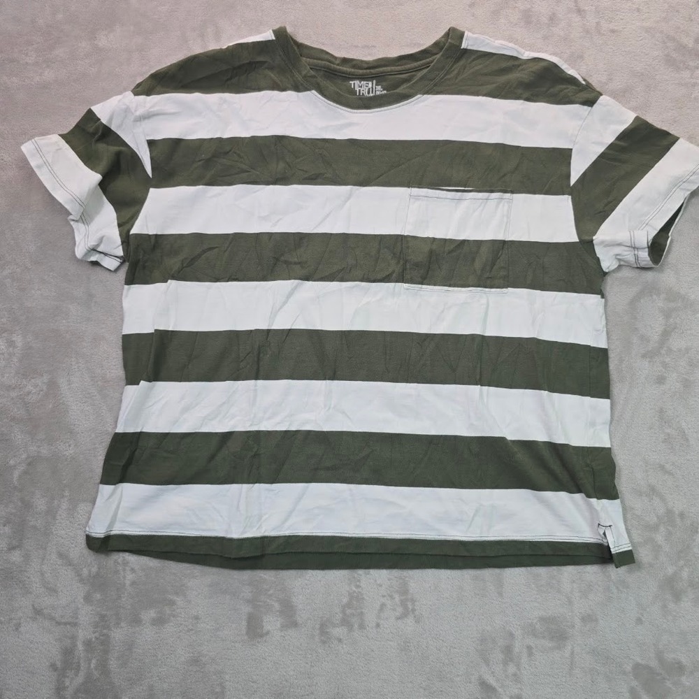 Time and Tru Womens XXL Green White Striped Pocket T-Shirt Short Sleeve Boxy Tee
